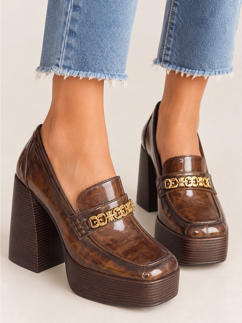 Sam Edelman Brown man made Leather Platform Loafers w/ Gold Chain – SZ 6.5 NWOT